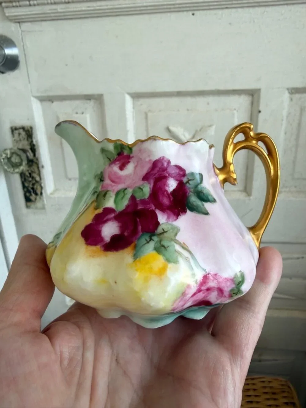 Vintage 40's Hand Painted Floral Porcelain Sugar and Greamer Set Gold Accent
